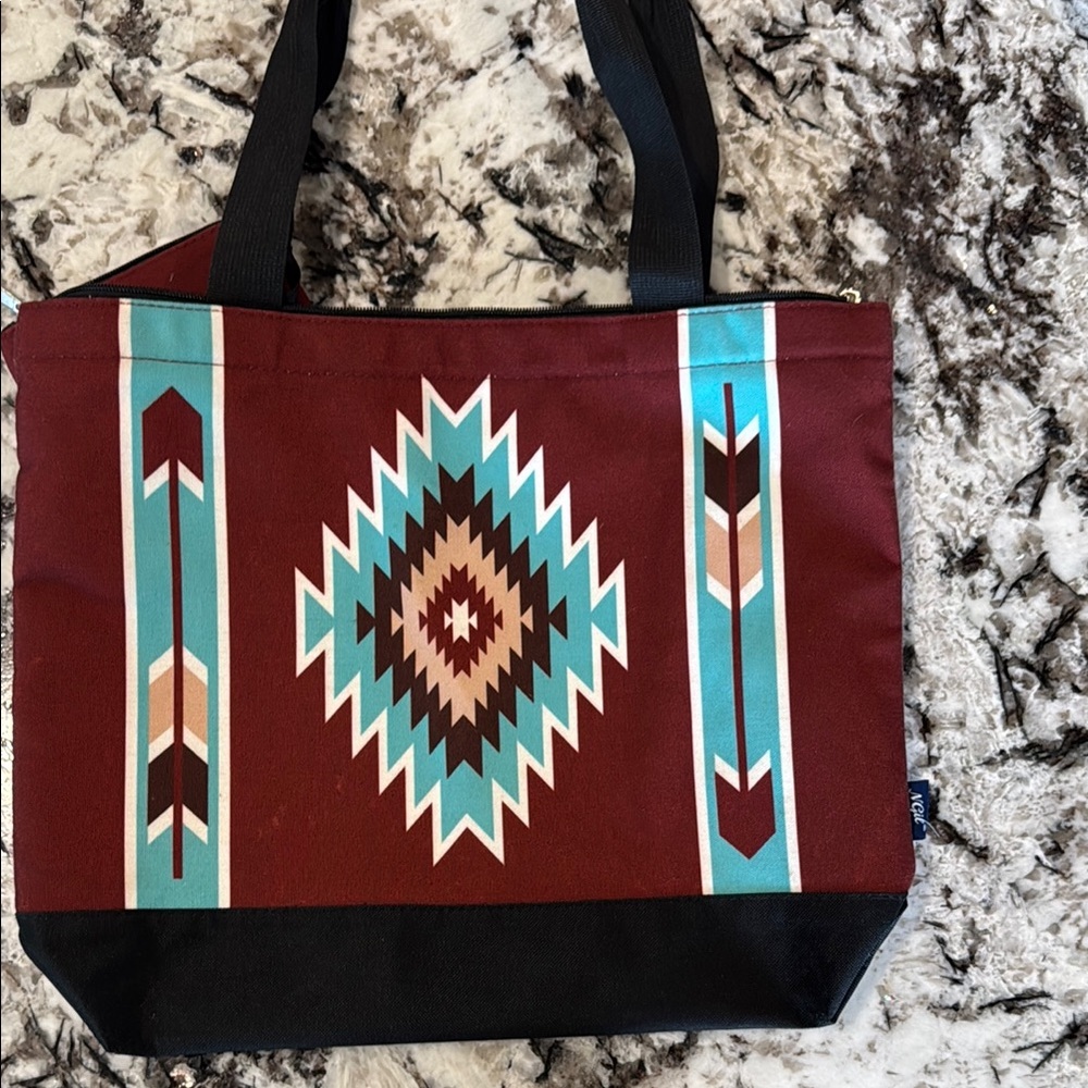 Red and Blue Geometric Tote Bag with Southwestern Design